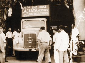 The Tata- Mercedes that was unveiled in 1954 emerges from a garage. Now Daimler-Benz trucks will ply on Indian roads