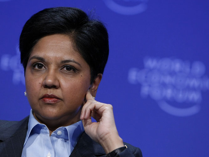 Indra Nooyi, the Chairman and CEO of PepsiCo which the author serves up as an example of a woman leader 