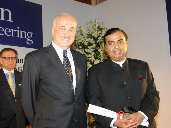 Mukesh Ambani with Eduardo Glandt, dean of the School of Engineering and Applied Science