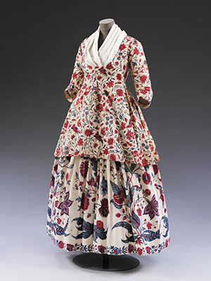 A jacket and petticoat made of dyed cotton and lined with linen, made in India for export to Europe in 1750
