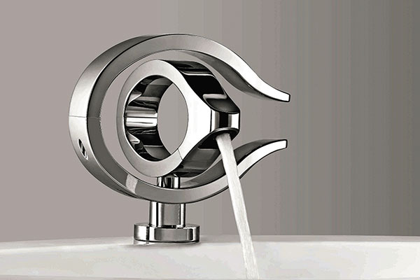 In Jaquar’s Tiara faucet, the inner loop swings out to dispense water, a unique feature in a product with a conventional process