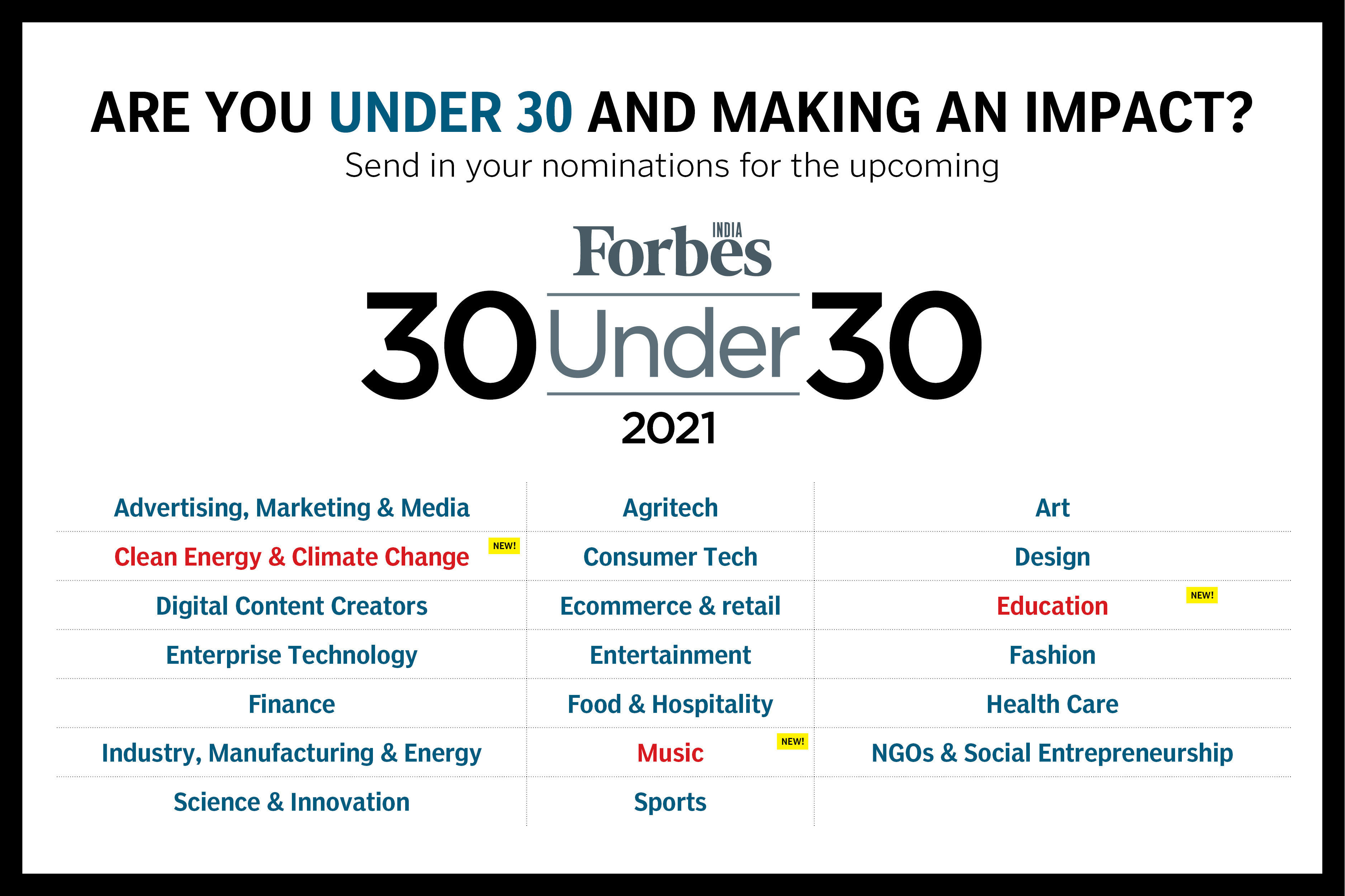CALLING NOMINATIONS for 2021 Forbes India 30 Under 30