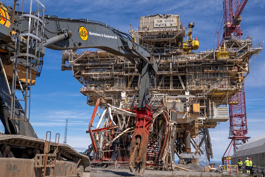 In Norway, old oil platforms are taken apart for recycling