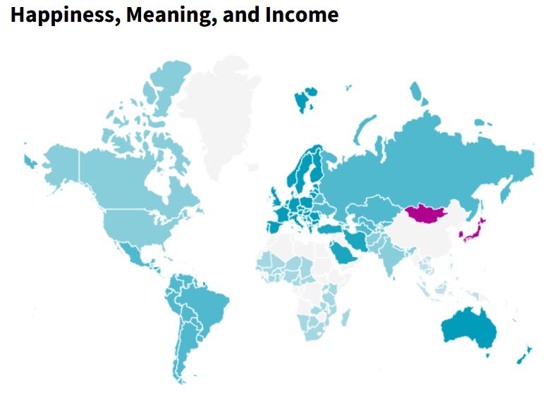 A global look at the connections between happiness, income, and meaning